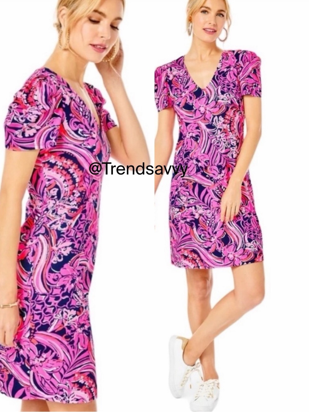 Lilly Pulitzer Aleece Navy Pink Print V Neck T Shirt Mini Dress M Resort Wear